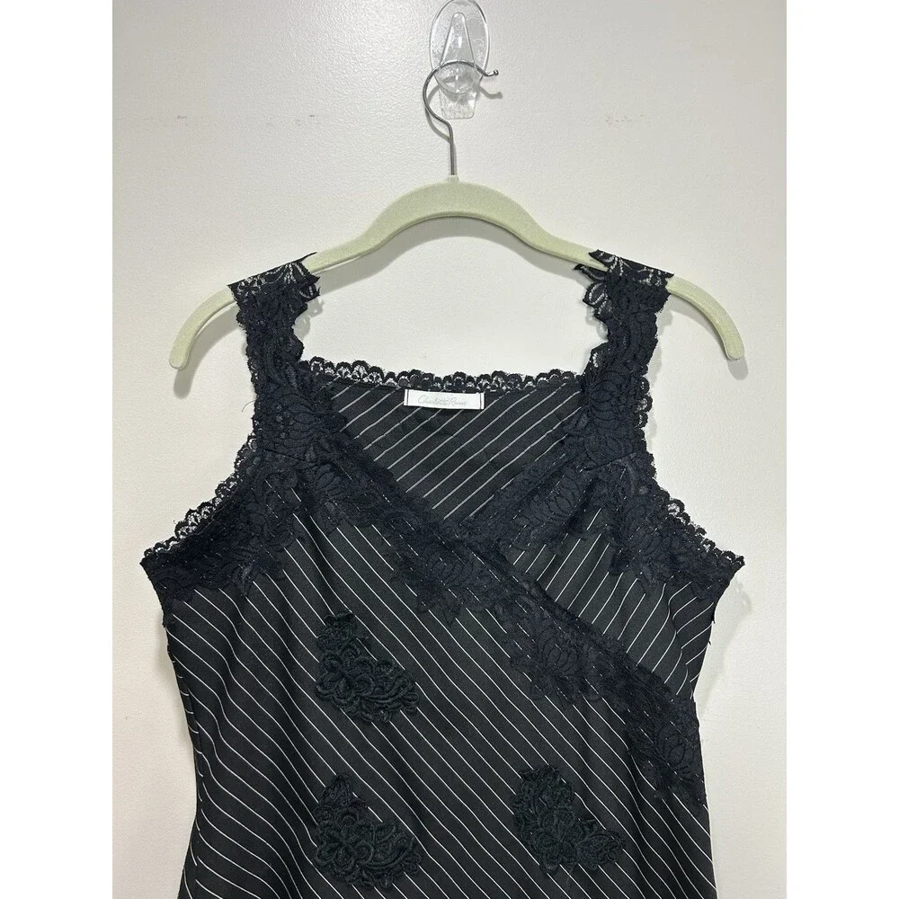 Vtg Charlotte Russe Striped Tank Top Black Lace Whimsigoth Y2K Grunge L - Picture 2 of 9